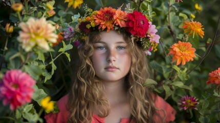 Teenage Girl with Flower Crown Surrounded by Blooming Flowers AI Generated.