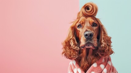 dog , wear fashion womans robe ,curler on head, clean pastel background
