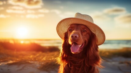 Irish setter wear straw hat with large brim, sunset beach on background