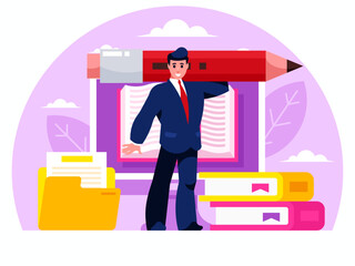 Writer stands with a huge pencil. Business reporting. Accounting. Digital Library concept. Online book application. E-Library. Digital bookstore. Web archive. Vector graphics