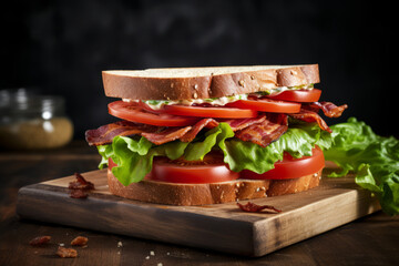 BLT sandwich, bacon lettuce and tomato on whole wheat bread close up on a cutting board for lunch - 735397699