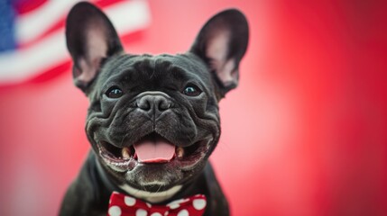 cheerful french bulldog wear bow tie on neck , clean bright background, free copy space on the right