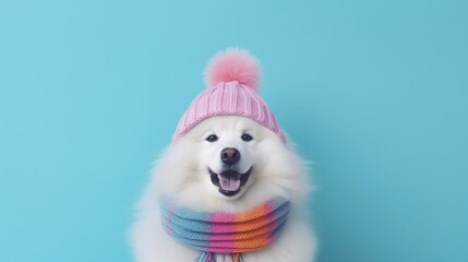 Samoyed dog wear colorful knitted hat, clean pastel background