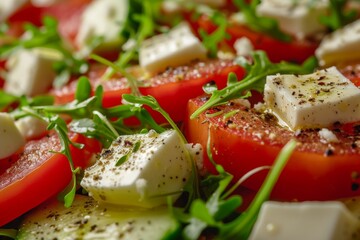 A close-up of a fresh tomato and mozzarella salad sprinkled with herbs and pepper.
