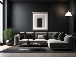Modern living room with a transparent photo frame displaying a blank poster design, surrounded by dark walls and a black couch design. The 3D rendering showcases a stylish interior design. - obrazy, fototapety, plakaty