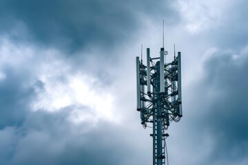 Obraz premium A communication tower stands tall against a cloudy sky.