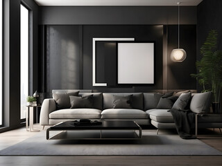 Modern living room with a transparent photo frame displaying a blank poster design, surrounded by dark walls and a black couch design. The 3D rendering showcases a stylish interior design. - obrazy, fototapety, plakaty