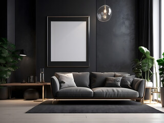 Modern living room with a transparent photo frame displaying a blank poster design, surrounded by dark walls and a black couch design. The 3D rendering showcases a stylish interior design.