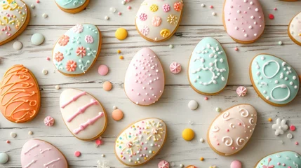 Fotobehang top-view photo of Easter eggs cookies lay on light wooden table © Maryna