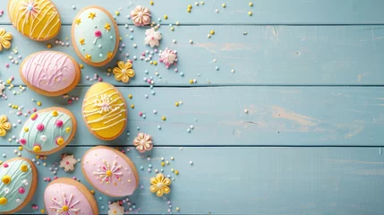 Fotobehang sales banner of Easter eggs cookies lay on light wooden table © Maryna
