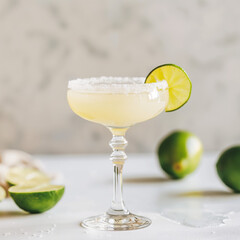 Classic Margarita with salt rim and lime wedge in a margarita glass