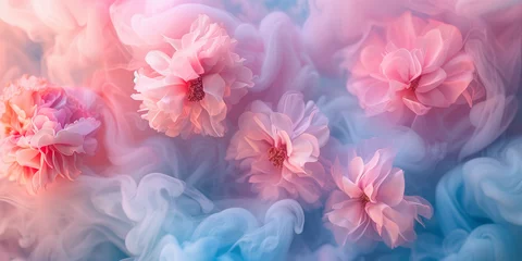 Foto op Plexiglas Floral background with pastel pink flowers in blue smoke.  Digital art for poster, flyer and banner design. Soft textures and bright colors. © Zography