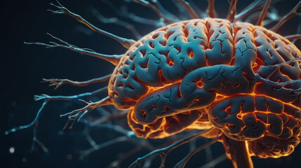 3d rendered illustration of human brain, showing neurons and neural connections