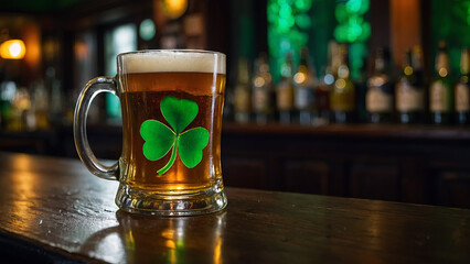 Beer and clover on a wooden table in a cozy pub at St. Patrick's Day
