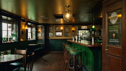 Cozy interior of a classic Irish pub with green colored furniture at St. Patrick's Day