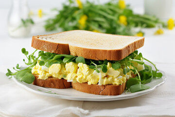 Egg salad sandwich in a white kitchen on the table for lunch with greens - 735399466