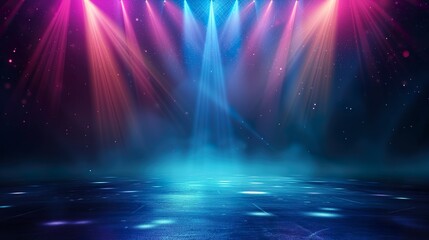 Purple and blue searchlights in the smoke on dark background. Creative abstract club performance soffits banner.
