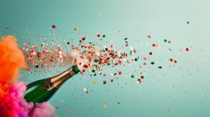 A floating champagne bottle releasing smoke and colorful confetti, embodying celebration, holidays, and joy, with warm and vibrant colors. - obrazy, fototapety, plakaty