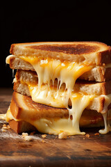 Grilled cheese sandwiches with melty cheese on a wooden cutting board - 735400493