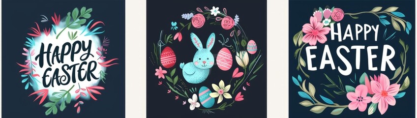 HAPPY EASTER colorful cards with floral designs and shapes Generative AI