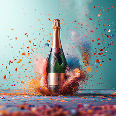 In the spirit of beautiful moments, a champagne bottle surrounded by colorful and shiny confetti, along with smoke bombs enveloping it, with warm and vivid colors.