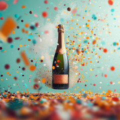 In the spirit of beautiful moments, a champagne bottle surrounded by colorful and shiny confetti, along with smoke bombs enveloping it, with warm and vivid colors.