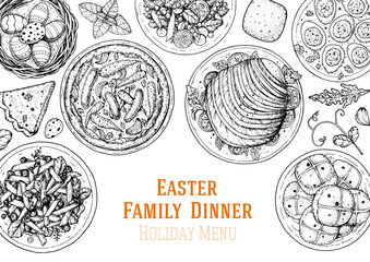 Easter food hand drawn sketch. Vector illustration. Festive table with Easter food. Engraved illustration. Menu set.