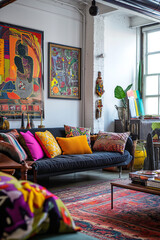 Interior of an eclectic loft apartment full of textures and art