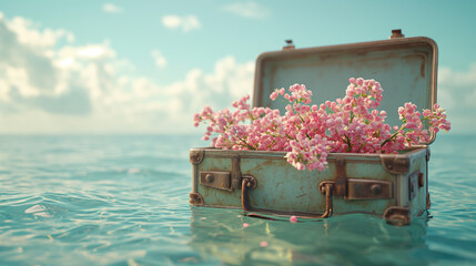 An open old retro suitcase floats on the open sea on a sunny day, containing fresh spring flowers, in the spirit of spring awakening, travel, with warm and cheerful colors.