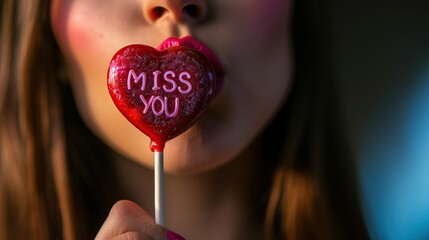 Young woman eating chocolate heart-shaped lollipop with the words miss you