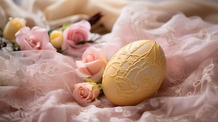 A mesmerizing image of a pastel yellow Easter egg adorned with intricate lace patterns, resting on a bed of delicate pink petals.