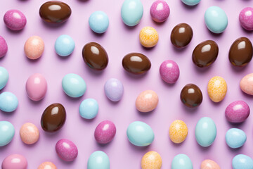 Chocolate Easter eggs on a pastel background with candy around