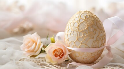 A mesmerizing image of a pastel yellow Easter egg adorned with intricate lace patterns, resting on a bed of delicate pink petals.