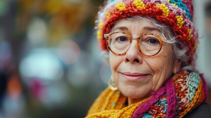 senior American woman in knitted colorful hat, stay on clean background