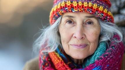 senior American woman in knitted colorful hat, stay on clean background