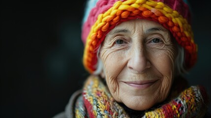 senior Italian woman in knitted colorful hat, stay on clean background