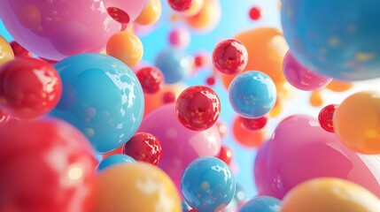 Many rainbow gradient random bright soft balls background. Colorful balls background for kids zone or children's playroom. Huge pile of colorful balls in different sizes. - obrazy, fototapety, plakaty