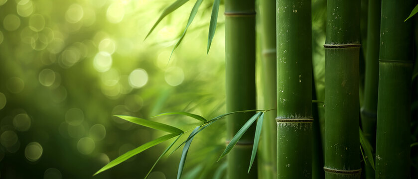 Floresta de bambu com folhas verdes e fundo bokeh, close-up