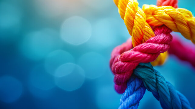 Cordas multicoloridas em um close de fundo turquesa