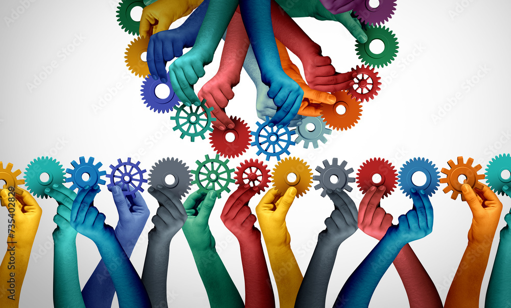 Poster Cross Team Collaboration as teams working together to advance to success as group cooperation and joint effort as two groups in a coordinated effort with diverse hands with gears and cogs.