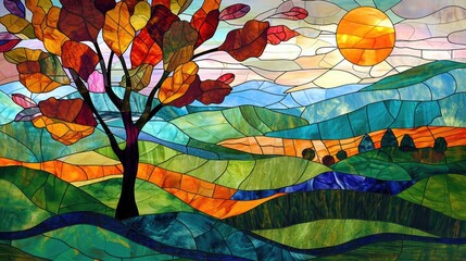 stained glass landscape, colorful decorative backdrop