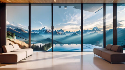 Illustration of modern open living room with view of mountains and infinity pool