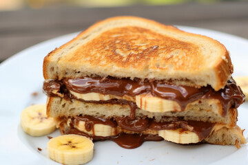 Chocolate hazelnut paste and banana sandwich on a plate, lunch or snack idea