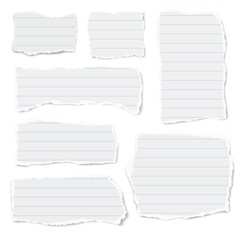 Set of ruled paper different shapes ripped scraps fragments wisps isolated on white background. Paper collage. Vector illustration.