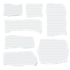 Set of vector ruled paper different shapes ripped scraps fragments wisps isolated on white background. Paper collage. Vector illustration.