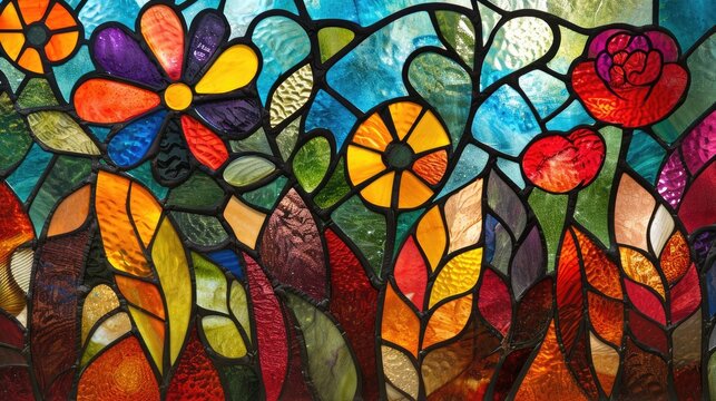 stained glass flower motif, artwork forms, bright decorative backdrop