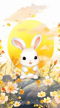 A Painting of a Rabbit Sitting in a Field of Flowers