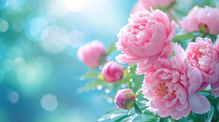 spring morning, after heavy rain, pink peony flowers