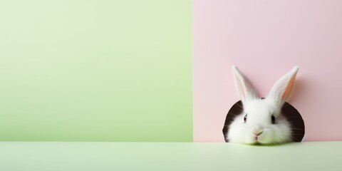 Rabbit Peeking Out From Behind Pink and Green Wall - obrazy, fototapety, plakaty