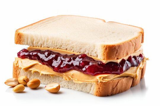 Peanut butter and jelly sandwich on a white surface close up